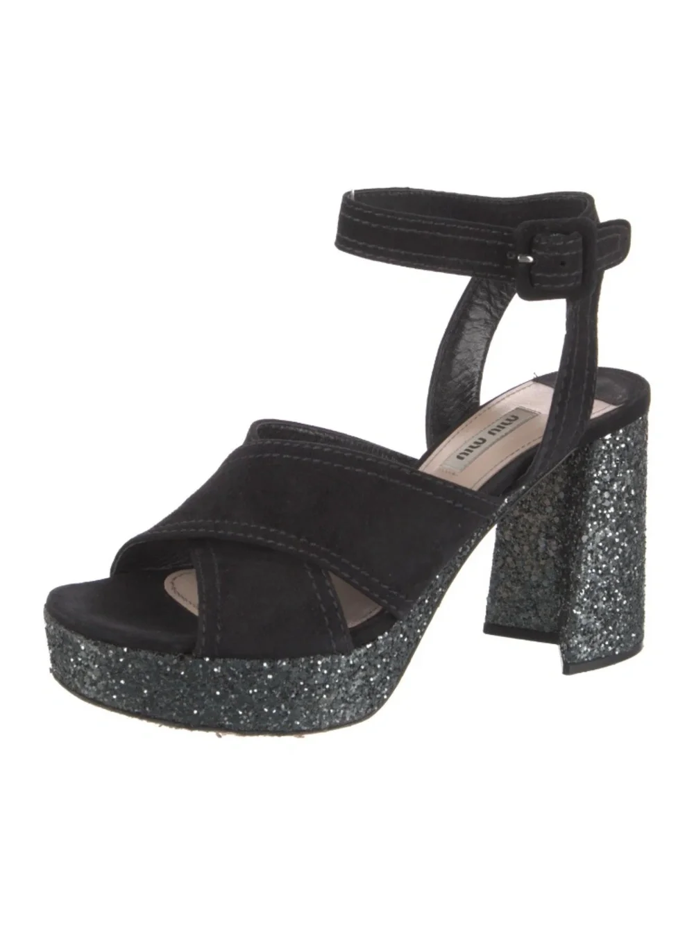 MIU MIU Black Suede Glitter Platforms w/Orig. Box & Dustbag Retail $620